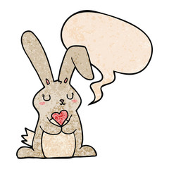 cartoon rabbit in love and speech bubble in retro texture style