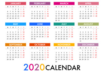 Calendar for 2020 Week Starts Monday. Simple Vector Template