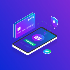 Isometric Mobile Smart phone online shopping 3d vector concept. Credit bank card, security, basket icon and button Pay Now on the phone screen.