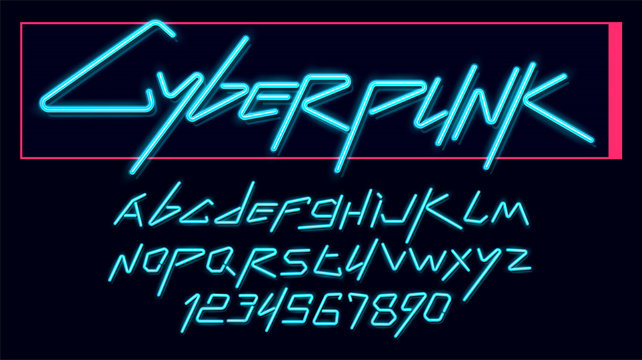 Vector neon cyber font and alphabet. luminescent cyberpunk 2077 font.