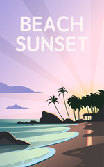 Vector flat landscape illustration of wild nature summer sunset on beach view with sky, sea coast, ocean, palm trees. For travel banners, cards, vacation and touristic advertising, brochures, flayer.