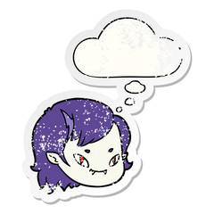 cartoon vampire girl face and thought bubble as a distressed worn sticker