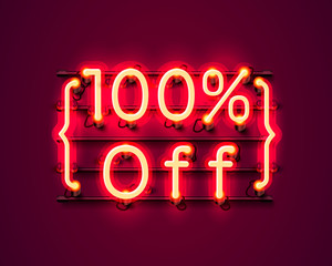 Neon frame 100 off text banner. Night Sign board.