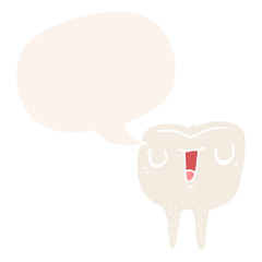 cartoon happy tooth and speech bubble in retro style