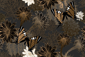 Naklejki  Egzotyczny wzór. Kwitnące kaktusy i motyle. Złoty, czarny i biały