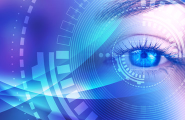Eye of the female on a dark abstract background, neon holograms, retina scanner