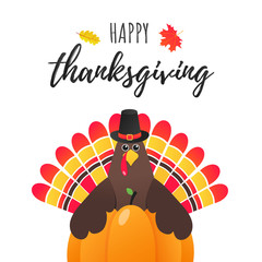 Happy thanksgiving day flat style design poster vector illustration with turkey, text, autumn leaves and pumpkin. Turkey with hat and colored feathers celebrate holidays!