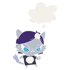 cartoon tough cat girl and thought bubble in retro style
