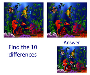 Children's illustration Visual Puzzle: find ten differences from the fish in the sea
