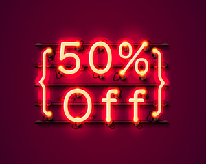 Neon frame 50 off text banner. Night Sign board.