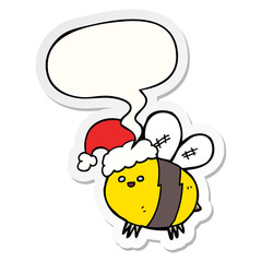 cute cartoon bee wearing christmas hat and speech bubble sticker