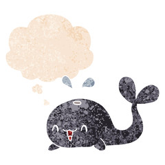 cartoon happy whale and thought bubble in retro textured style