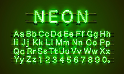 Neon font city. Neon green font. Lamp green font. Alphabet font.