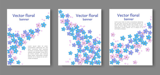 Three paper cut paper banners, poster. Design for invitations, advertisements, signs, brochures. Place for text. Blue, pink, mauve Forget-me-not flowers on a white background. Vector.