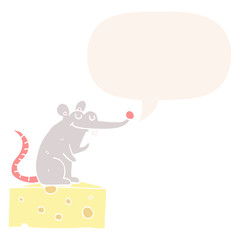 cartoon mouse sitting on cheese and speech bubble in retro style