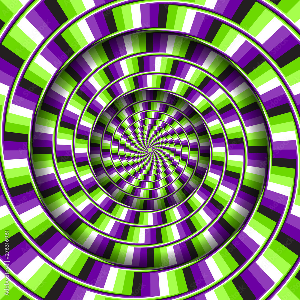 Sticker abstract round frame with a rotating purple green broken stripes pattern. optical illusion hypnotic 