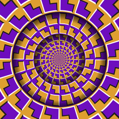 Abstract round frame with a moving purple orange arrows pattern. Optical illusion hypnotic background.