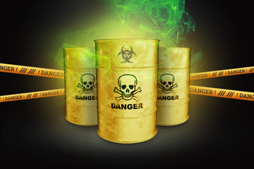 Yellow waste barrels on a black background. Biological waste. The concept of chemical waste, pollution of nature, toxins. 3D render, 3D illustration