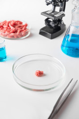 Minced meat in glass Petri dish for Laboratory studies with microscope. Chemical experiment.