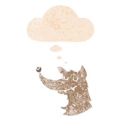 cartoon wolf and thought bubble in retro textured style