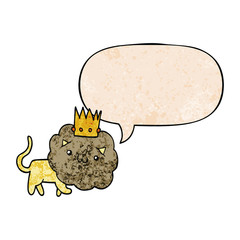cartoon lion and crown and speech bubble in retro texture style