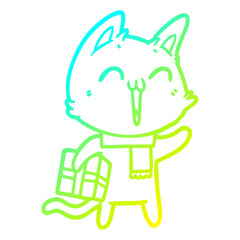 cold gradient line drawing happy cartoon cat with christmas gift