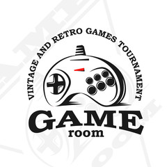Vector gamepad logo. Game design, old, retro, vintage arcades, in monochrome style. Sign, banner, emblem of the tournament. Logo of video games. Computer Club.