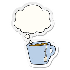 cartoon hot cup of tea and thought bubble as a printed sticker