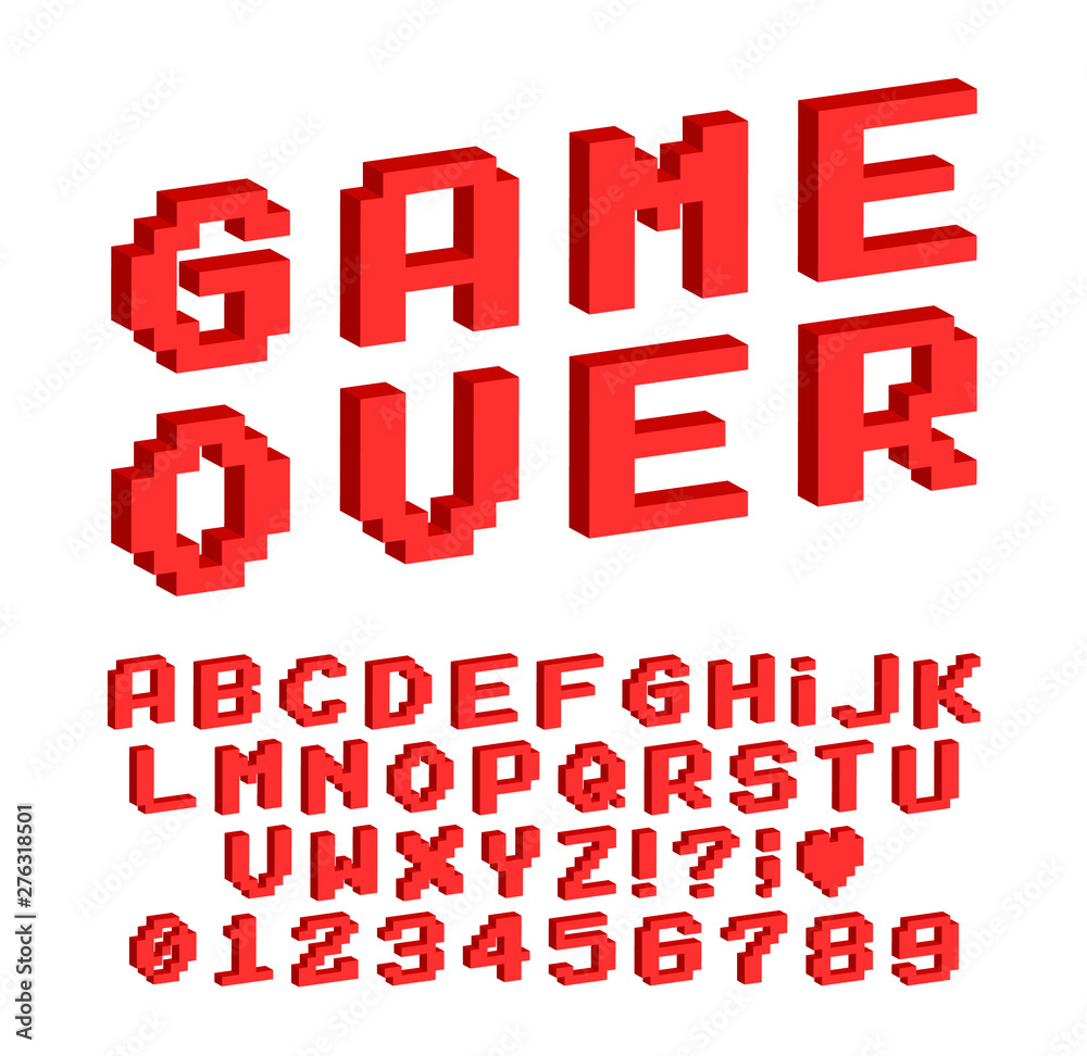 Poster set of vector letters in retro style. game design. font of old games. 8 bit letters and numbers vect