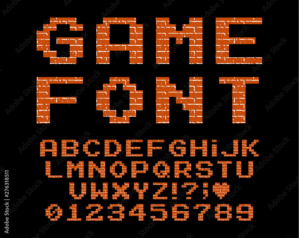 Poster set of vector letters in retro style. game design. font of old games. 8 bit letters and numbers vect