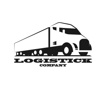 Vector eco truck logo. Emblem, banner, logotype of the logistics center, eco delivery, freight, heavy cargo. Black and white color. Monochrome style.
