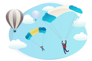 Cartoon skydivers and flying balloons vector background web page