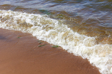 Large waves of sea and the sandy beach