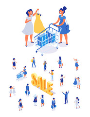 Isometric People vector set. Customers, buyers with shopping bags and shopping cart. Big sale. Supermarket. Flat vector characters isolated on white