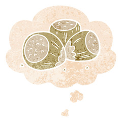 cartoon hazelnuts and thought bubble in retro textured style