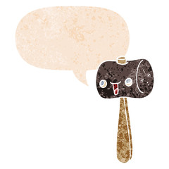 cartoon mallet and speech bubble in retro textured style