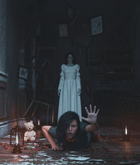 Fototapeta na wymiar Girl is being terrified by malicious evil who living in a haunted house,3d rendering