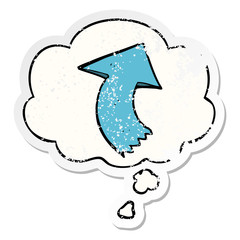 cartoon pointing arrow and thought bubble as a distressed worn sticker