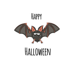 Happy Halloween card with cute bat. Vector illustration isolated on white background. EPS 10.