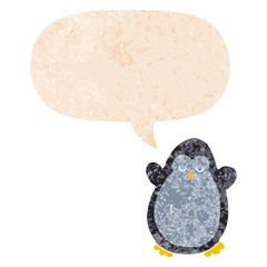 cartoon penguin and speech bubble in retro textured style