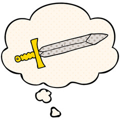 cartoon sword and thought bubble in comic book style