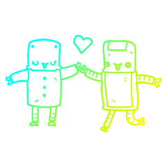 cold gradient line drawing cartoon robots in love