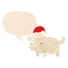 cute christmas dog and speech bubble in retro textured style