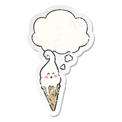 cartoon ice cream and thought bubble as a distressed worn sticker