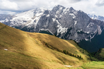 Beautiful view of the Marmolada massif in the Dolomites. Italy.