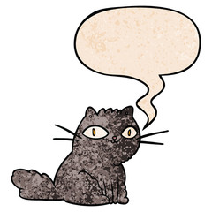 cartoon cat looking right at you and speech bubble in retro texture style