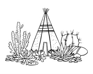 Native American indians traditional wigwam, succulents and cactuses. Vector hand drawn outline doodle sketch illustration