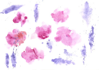 Watercolor splashes texture background. Hand drawn blue and purple blots drawing.