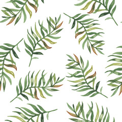 Watercolor seamless pattern with palm leaves and tropical flowers and plants. Texture for wallpaper, packaging, fabric, wedding design, prints, textiles, scrapbooking, birthday, cover design.