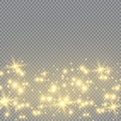 The dust is yellow. yellow sparks and golden stars shine with special light. Vector sparkles on a transparent background. Christmas light effect. Sparkling magical dust particles.